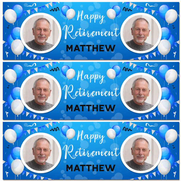 Personalised Party Banner For Retirement Photo Male Blue Balloons