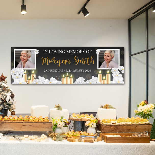 Personalised Party Banner For Funeral Loving Memory Wake Photo Candles White