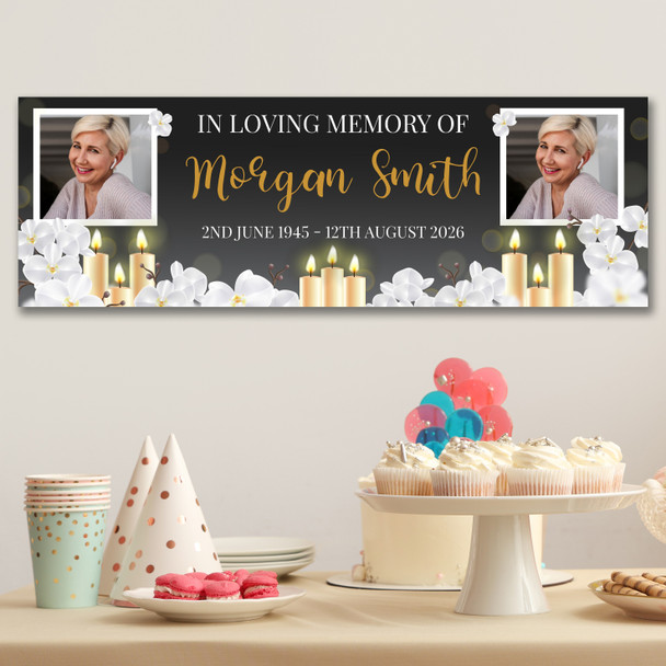 Personalised Party Banner For Funeral Loving Memory Wake Photo Candles White