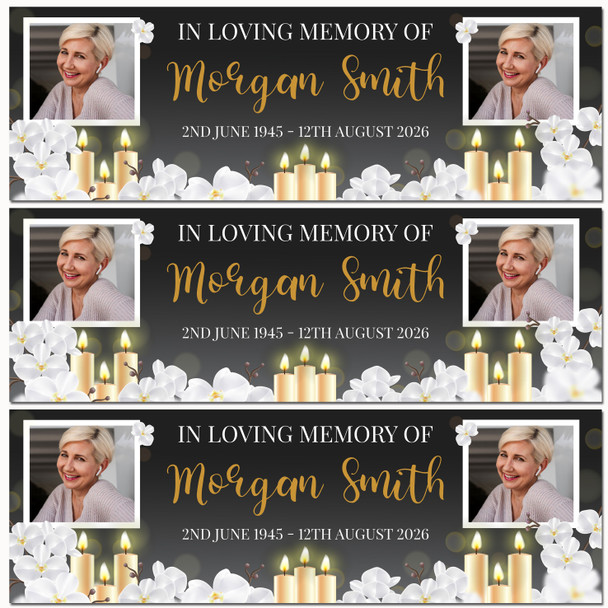Personalised Party Banner For Funeral Loving Memory Wake Photo Candles White