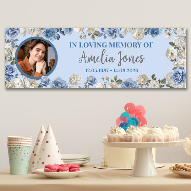 Personalised Party Banner For Funeral Wake Loving Memory Female Photo Blue