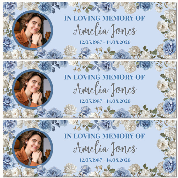 Personalised Party Banner For Funeral Wake Loving Memory Female Photo Blue