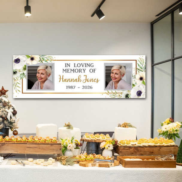 Personalised Party Banner For Funeral Wake Loving Memory Photo White Gold
