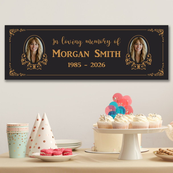 Personalised Party Banner For Funeral Wake Photo Gold Frame Black