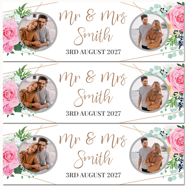 Personalised Party Banner For Wedding Day Photo Flowers Pink Gold