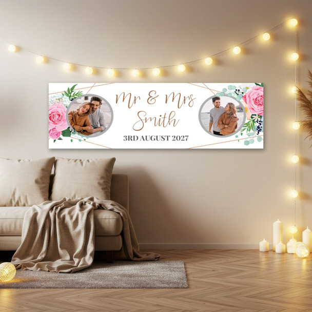 Personalised Party Banner For Wedding Day Photo Flowers Pink Gold