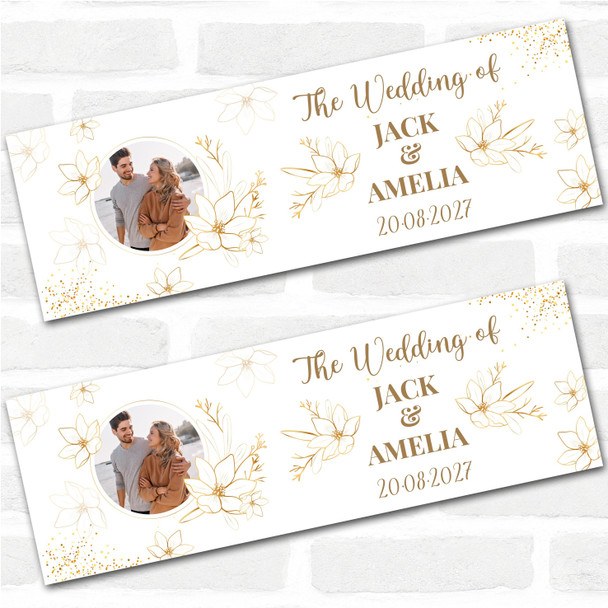 Personalised Party Banner For Wedding Day Welcome Photo Gold Line Flowers Soft