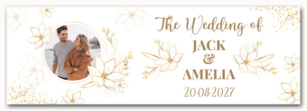Personalised Party Banner For Wedding Day Welcome Photo Gold Line Flowers Soft