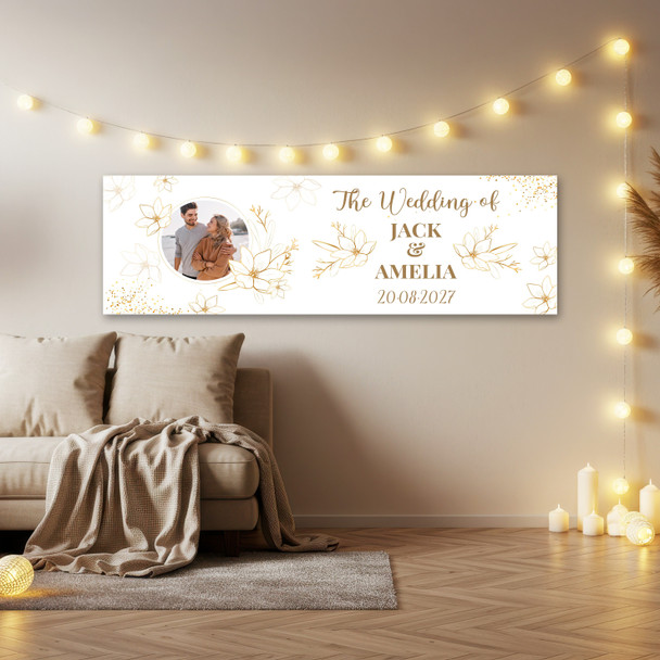Personalised Party Banner For Wedding Day Welcome Photo Gold Line Flowers Soft