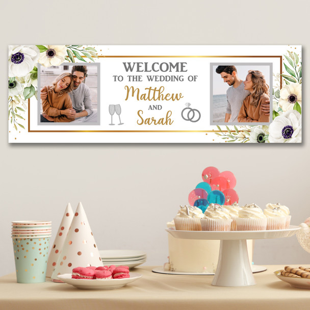 Personalised Party Banner For Wedding Day Welcome Photo White Flowers Gold
