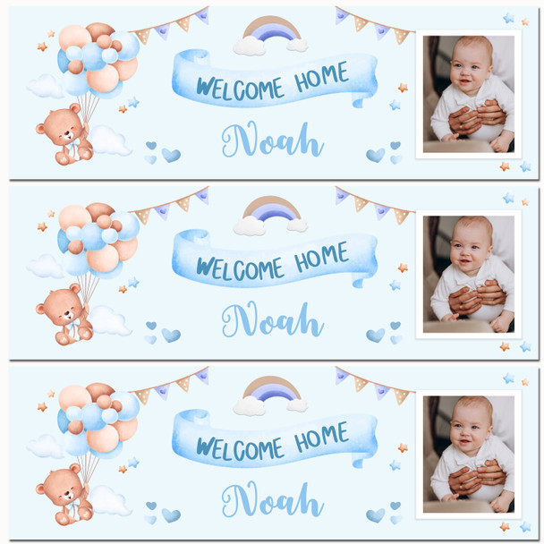 Personalised Party Banner For New Baby Boy Welcome Home Photo Bear Blue Balloons