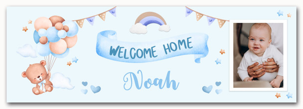 Personalised Party Banner For New Baby Boy Welcome Home Photo Bear Blue Balloons