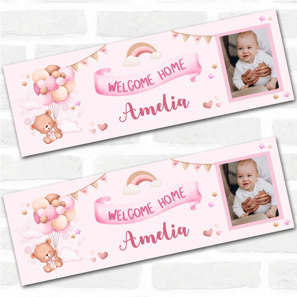Personalised Party Banner For New Baby Girl Welcome Home Photo Bear Pink Balloon