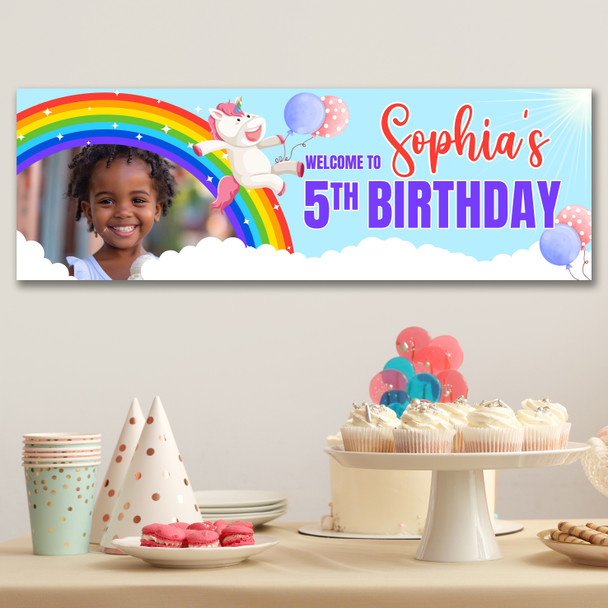 Personalised Party Banner For Kids Birthday Rainbow Unicorn Photo