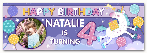 Personalised Party Banner For Kids Birthday Purple Unicorn Balloons