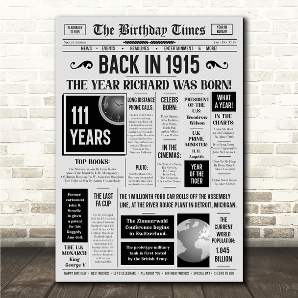 Born In 1915 Grey Newspaper Birthday Facts Any Year Any Age Personalised Print