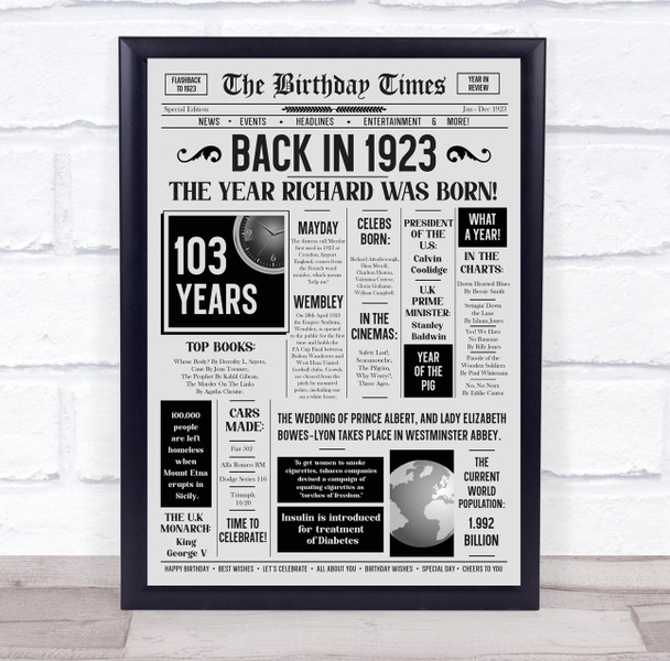 Born In 1923 Grey Newspaper Birthday Facts Any Year Any Age Personalised Print