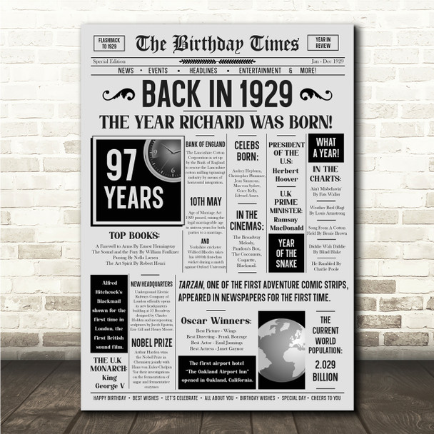 Born In 1929 Grey Newspaper Birthday Facts Any Year Any Age Personalised Print