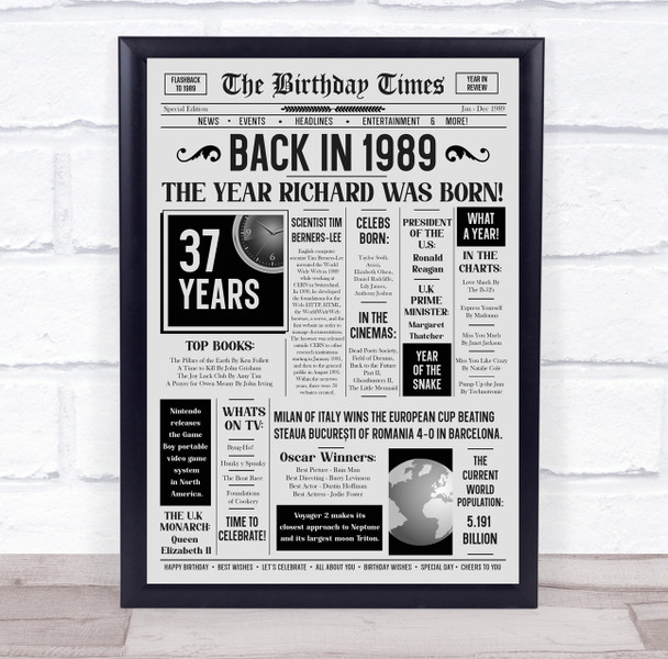 Born In 1989 Grey Newspaper Birthday Facts Any Year Any Age Personalised Print