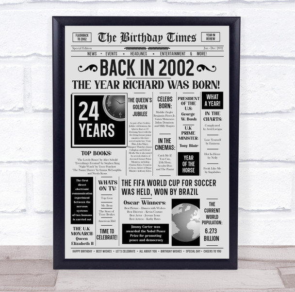 Born In 2002 Grey Newspaper Birthday Facts Any Year Any Age Personalised Print