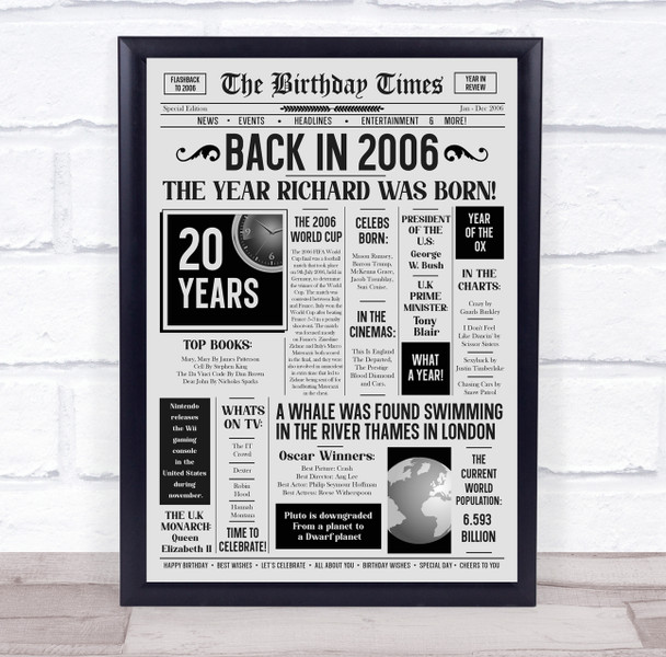 Born In 2006 Grey Newspaper Birthday Facts Any Year Any Age Personalised Print