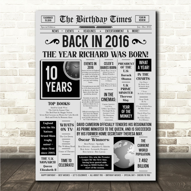 Born In 2016 Grey Newspaper Birthday Facts Any Year Any Age Personalised Print
