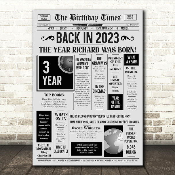 Born In 2023 Grey Newspaper Birthday Facts Any Year Any Age Personalised Print