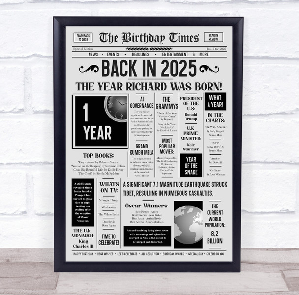 Born In 2025 Grey Newspaper Birthday Facts Any Year Any Age Personalised Print