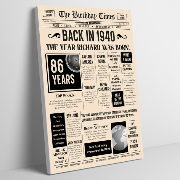 Born In 1940 Newspaper Birthday Facts Any Year Any Age Personalised Print
