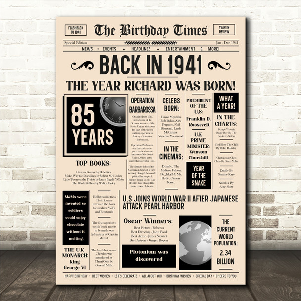 Born In 1941 Newspaper Birthday Facts Any Year Any Age Personalised Print