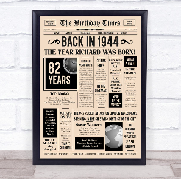 Born In 1944 Newspaper Birthday Facts Any Year Any Age Personalised Print