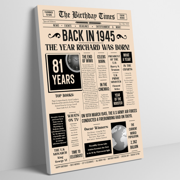 Born In 1945 Newspaper Birthday Facts Any Year Any Age Personalised Print