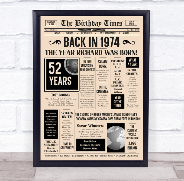 Born In 1974 Newspaper Birthday Facts Any Year Any Age Personalised Print