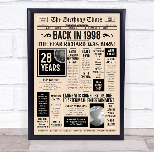 Born In 1998 Newspaper Birthday Facts Any Year Any Age Personalised Print