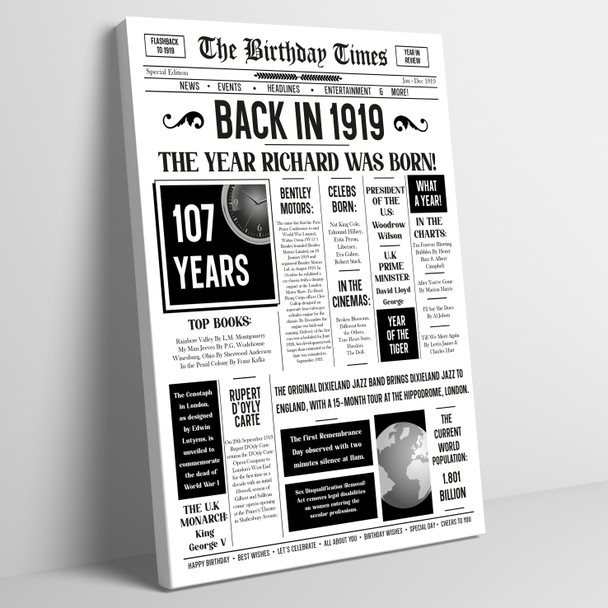 Born In 1919 White Newspaper Birthday Facts Any Year Any Age Personalised Print