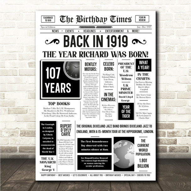 Born In 1919 White Newspaper Birthday Facts Any Year Any Age Personalised Print