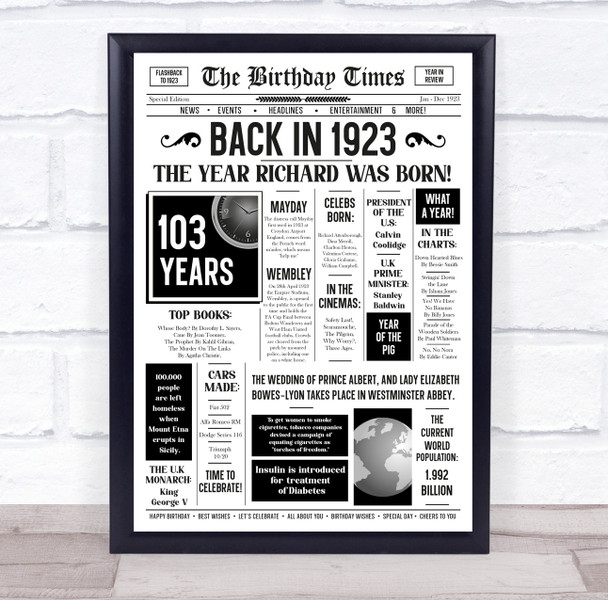 Born In 1923 White Newspaper Birthday Facts Any Year Any Age Personalised Print