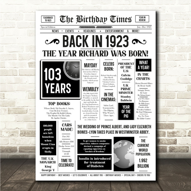 Born In 1923 White Newspaper Birthday Facts Any Year Any Age Personalised Print