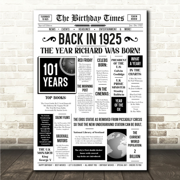 Born In 1925 White Newspaper Birthday Facts Any Year Any Age Personalised Print