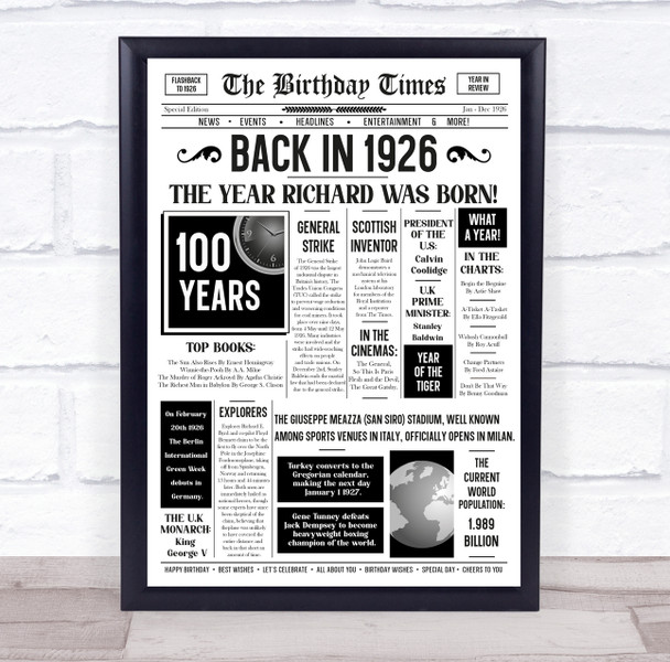 Born In 1926 White Newspaper Birthday Facts Any Year Any Age Personalised Print