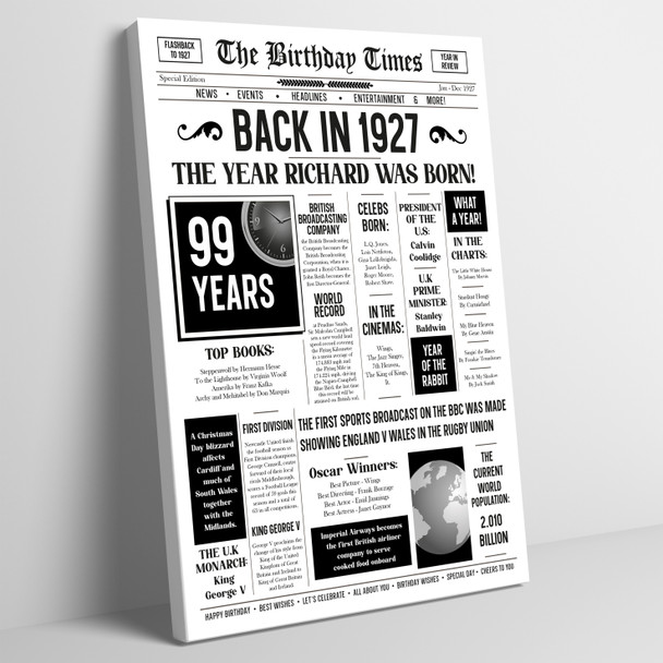 Born In 1927 White Newspaper Birthday Facts Any Year Any Age Personalised Print