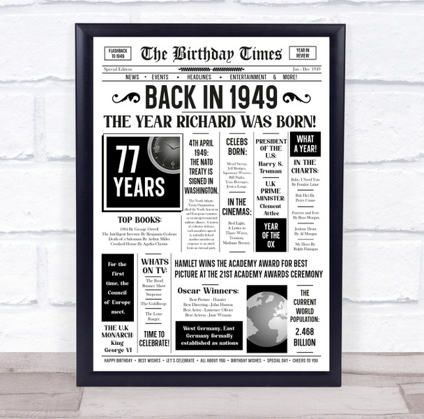 Born In 1949 White Newspaper Birthday Facts Any Year Any Age Personalised Print
