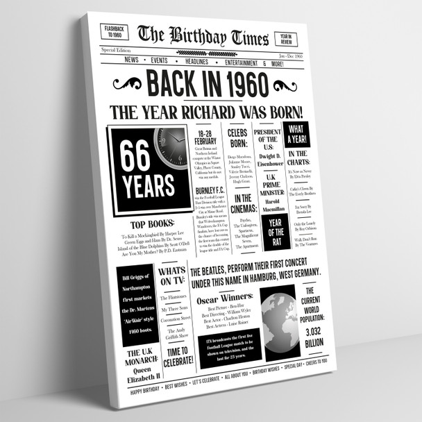 Born In 1960 White Newspaper Birthday Facts Any Year Any Age Personalised Print
