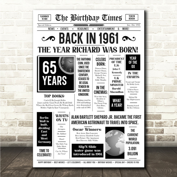Born In 1961 White Newspaper Birthday Facts Any Year Any Age Personalised Print