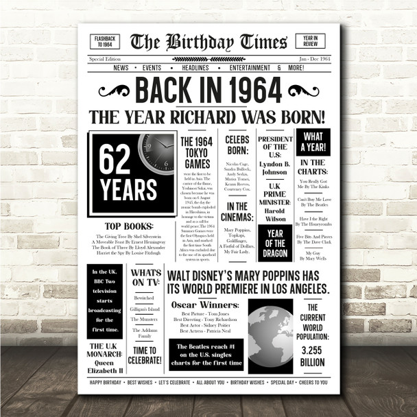Born In 1964 White Newspaper Birthday Facts Any Year Any Age Personalised Print