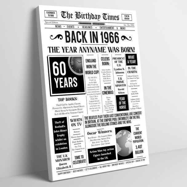 Born In 1966 White Newspaper Birthday Facts Any Year Any Age Personalised Print