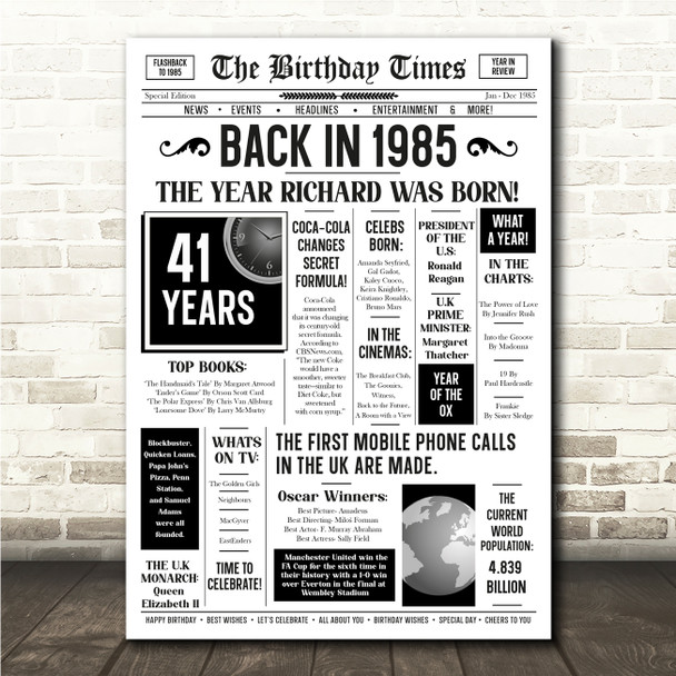 Born In 1985 White Newspaper Birthday Facts Any Year Any Age Personalised Print