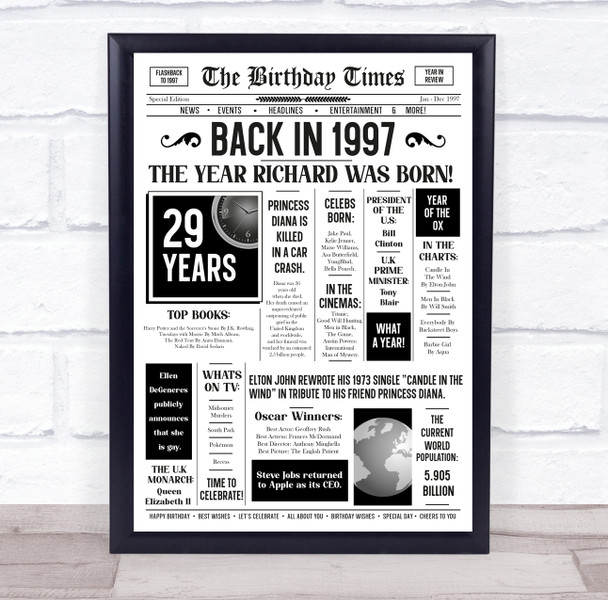 Born In 1997 White Newspaper Birthday Facts Any Year Any Age Personalised Print