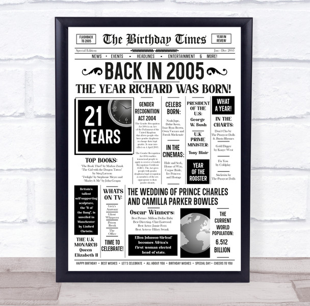 Born In 2005 White Newspaper Birthday Facts Any Year Any Age Personalised Print