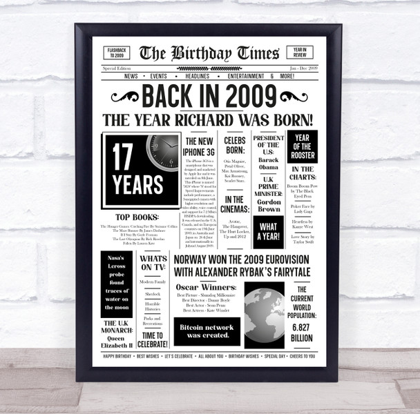Born In 2009 White Newspaper Birthday Facts Any Year Any Age Personalised Print